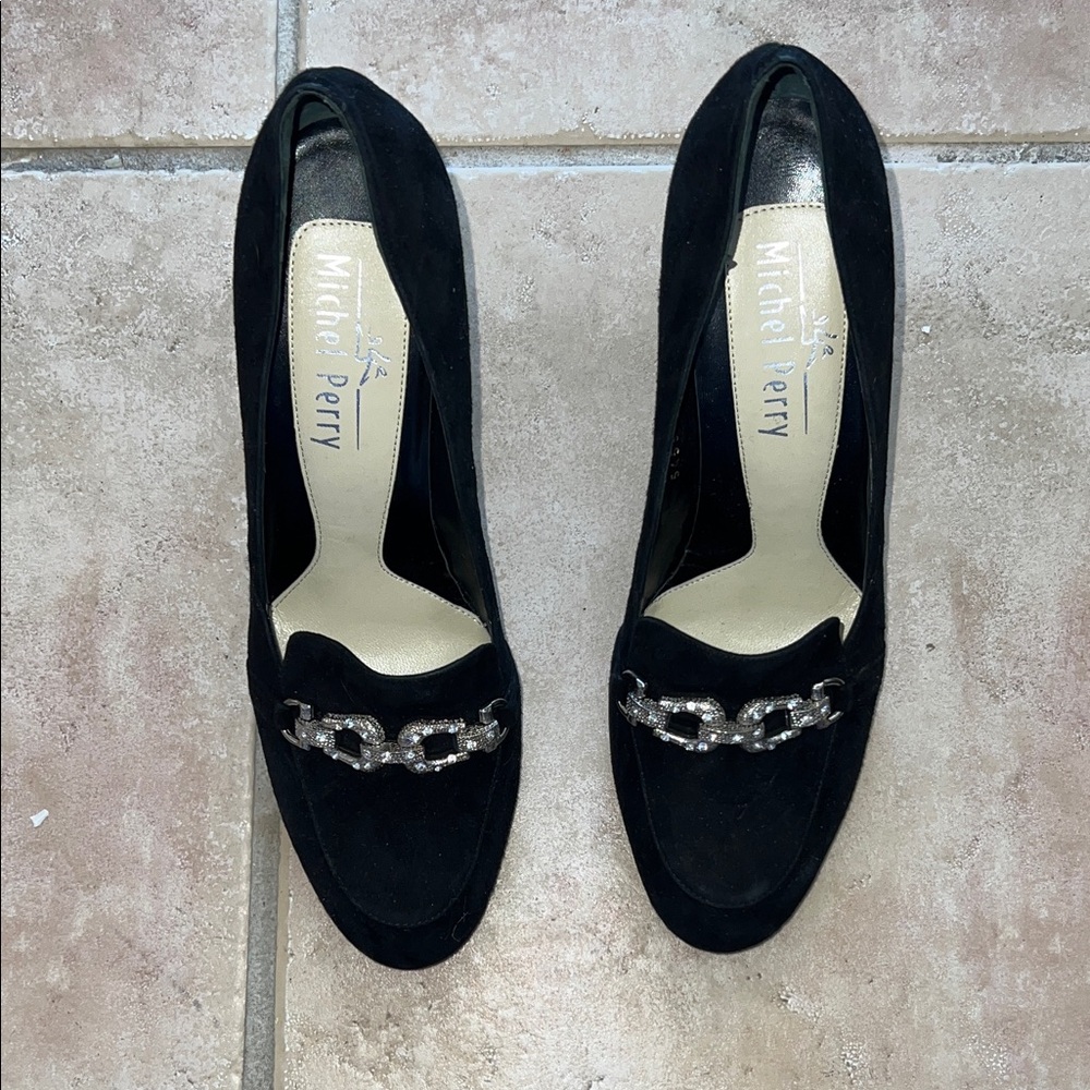 Michel Perry Black Heels with Silver Chain Detail. European 40